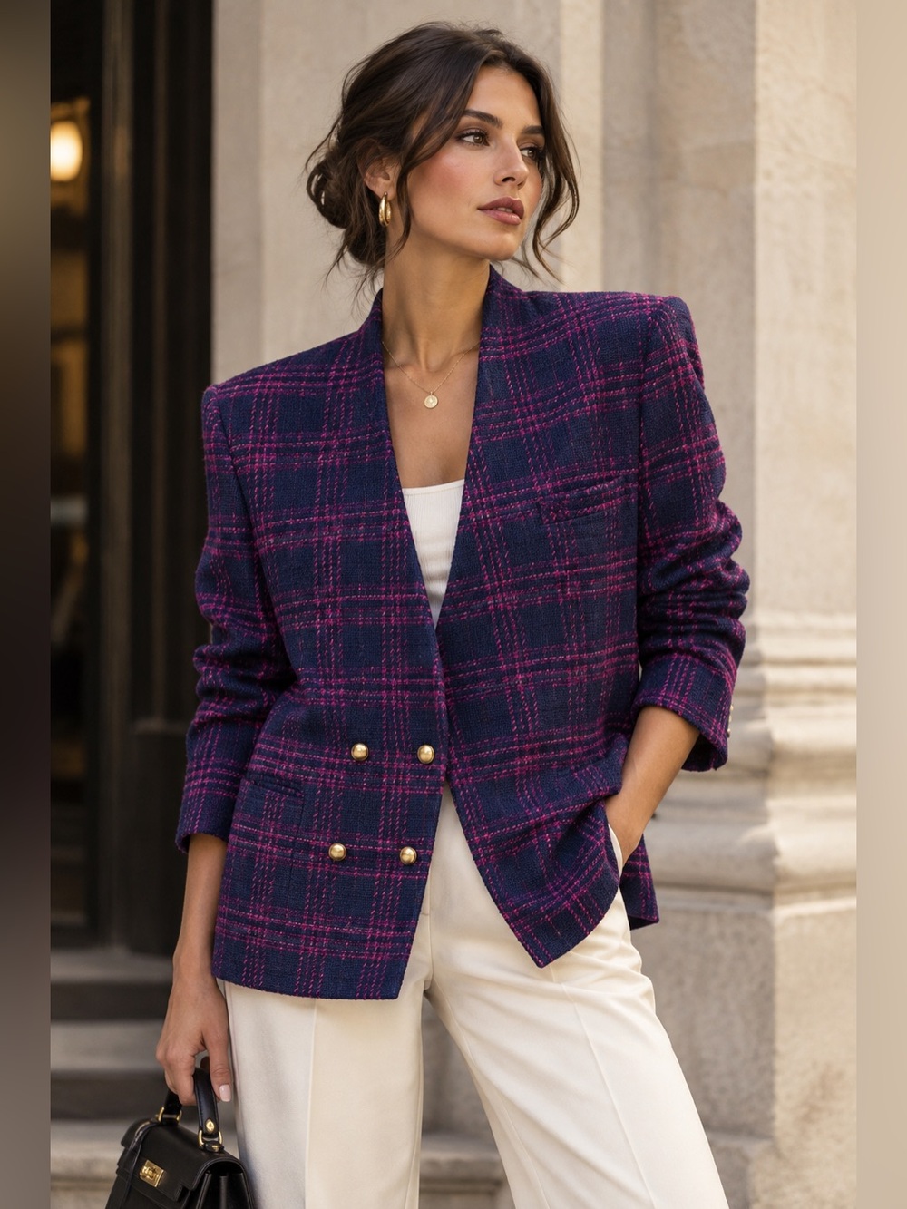 Vintage Jeremy Scott Braemar Plaid Blazer Size 14 Navy Magenta Gold Button